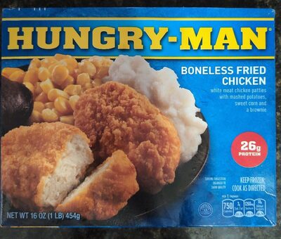 Boneless Fried Chicken White Meat Chicken Patties With Mashed Potatoes, Sweet Corn And A Brownie, Boneless Fried Chicken