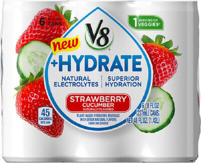 V8 +Hydrate Plant-Based Hydrating Beverage, Strawberry Cucumber, 8 oz. Can (Pack of 6)