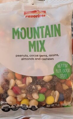 Peanuts, Cocoa Gems, Raisins, Almonds And Cashews Mountain Mix, Peanuts, Cocoa Gems, Raisins, Almonds And Cashews
