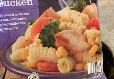 Garlic Chicken Fully Cooked White Meat, Chicken, Rotini Pasta, And Vegetables With A Garlic Sauce, Garlic Chicken