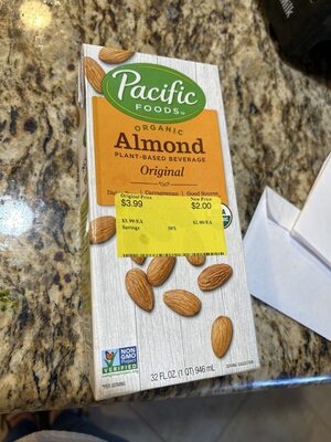 Pacific Foods Original Organic Almond Milk, Plant Based Milk, 32 oz Carton