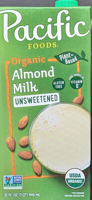 Pacific Foods Organic Unsweetened Almond Milk, Plant Based Milk, 32 oz Carton