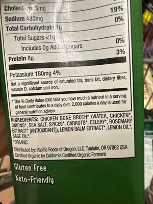 Pacific Foods Organic Chicken Bone Broth With Lemon Balm and Sage, 32 oz Carton