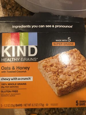 Kind, Healthy Grains Granola Bar, Oats & Honey With Toasted Coconut, Oats & Honey With Toasted Coconut