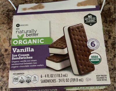 Organic Vanilla Ice Cream Sandwiched Between Two Organic Chocolate Cookie Wafers Sandwiches, Vanilla