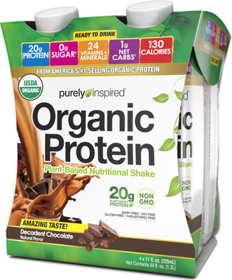 Organic Plant-Based Protein 20 G, Sugar 0 G, Net Carbs 2 G Plant-Based Nutritional Shake, Decadent Chocolate, Decadent Chocolate