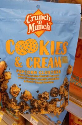 Cookies & Cream Flavored Popcorn Clusters White Chocolate Glazed Popcorn With Chocolate Cookie Crumbles & Dutch Cocoa Cookies, Cookies & Cream With Chocolate Cookie Crumbles & Dutch Cocoa Cookies