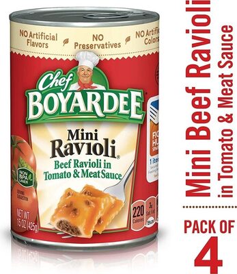 Chef Boyardee Mini Ravioli, Beef Ravioli in Pasta Sauce, Ready-to-Eat Meal, 15 oz. Can (Pack of 4)
