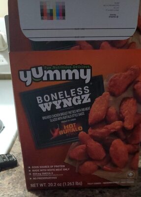 Hot Buffalo Style Boneless Wyngz Chicken Breast Patties With Rib Meat Glazed With Buffalo-Style Sauce, Hot Buffalo Style