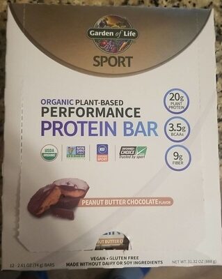 Organic Plant-Based Performance Protein 20 G, Bcaas 3.5 G, Fiber 9 G Bars, Peanut Butter Chocolate, Peanut Butter Chocolate