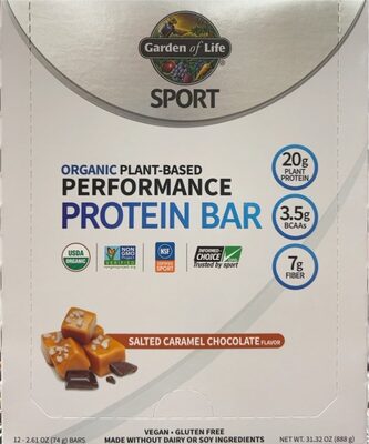 Organic Plant-Based Performance Plant Protein 20 G, Bcaas 3.5 G, Fiber 7 G Protein Bars, Salted Caramel Chocolate, Salted Caramel Chocolate