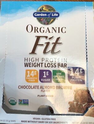 Organic Fit Plant Based High Protein 14 G, Prebiotic Fiber 14 G, Sugar 1 G Weight Loss Bars, Chocolate Almond Brownie, Chocolate Almond Brownie