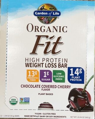 Organic Fit Plant Based High Protein 14 G, Prebiotic Fiber 13 G, Sugar 1 G Weight Loss Bars, Chocolate Covered Cherry, Chocolate Covered Cherry