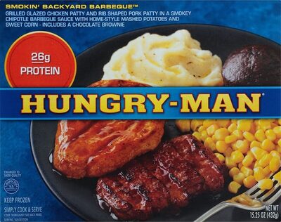 Smokin' Backyard Barbeque Grilled White Meat Chicken Patty And Pork Patty In BBQ Sauce With Mashed Potatoes, Corn And A Brownie, Smokin' Backyard Barbeque