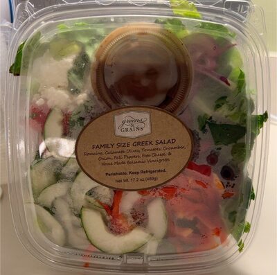 Romaine, Calamata Olives, Tomatoes, Cucumber, Onion, Bell Peppers, Feta Cheese, & Home Made Balsamic Vinaigrette Family Size Greek Salad, Romaine, Calamata Olives, Tomatoes, Cucumber, Onion, Bell Peppers, Feta Cheese, & Home Made Balsamic Vinaigrette