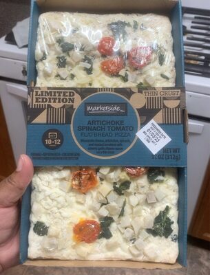 Artichoke Spinach Tomato Mozzarella Cheese, Artichokes, Spinach, And Roasted Tomatoes With Creamy Garlic Cheese Sauce On A Thin Crust Flatbread Pizza, Artichoke Spinach Tomato