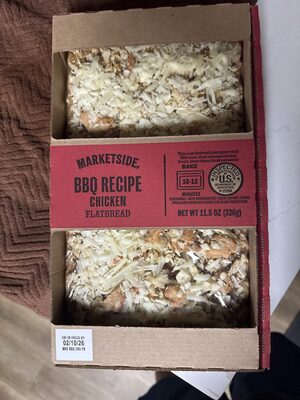 BBQ Recipe Chicken Diced Seasoned Chicken Breast, Three-Cheese Blend And Onions With BBQ Sauce On A Tin Crust Flatbread Pizza, BBQ Recipe Chicken