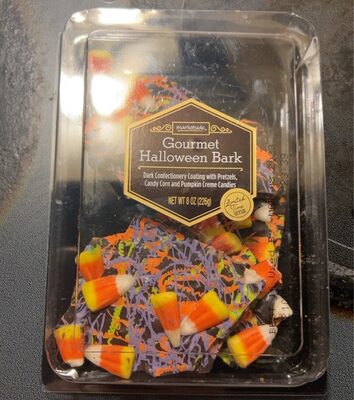 Gourmet Dark Confectionery Coating With Pretzels, Candy Corn And Pumpkin Creme Candies Halloween Bark, Gourmet Halloween Bark