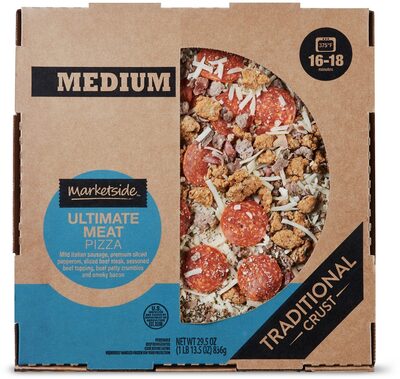 Ultimate Meat Mild Italian Sausage, Premium Sliced Pepperoni, Seasoned Beef Crumbles, Sliced Beef Steak, And Smoky Bacon Traditional Crust Medium Pizza, Ultimate Meat