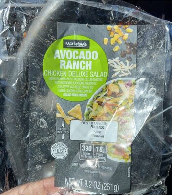 Avocado Ranch Iceberg And Green Leaf Lettuce Blend, Chili Lime Seasoned White Chicken Meat, Black Beans, Fire Roasted Corn, Pepper Jack Cheese, Carrots, Red Cabbage, Seasoned Tortilla Chips And Avocado Ranch Dressing Chicken Deluxe Salad, Avocado Ranch