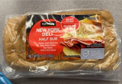 New York Deli Pastrami, Black Forest Ham, Baby Swiss Cheese, Hard Salami, White French Bread Half Sub , New York Deli