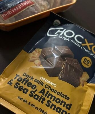 Dark Milk Chocolate Toffee, Almond & Sea Salt Organic 69% Cacao Snaps, Dark Milk Chocolate Toffee, Almond & Sea Salt