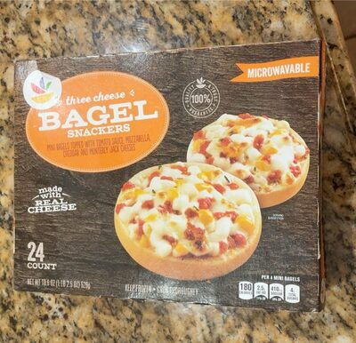 Three Cheese Mini Bagels Topped With Tomato Sauce, Mozzarella, Cheddar And Monterey Jack Cheeses Snackers, Three Cheese