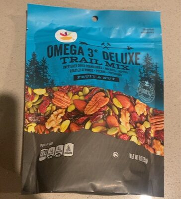 Sweetened Dried Cranberries, Walnuts, Pepitas, Roasted Almonds, Pecans, Pistachios Fruit & Nut Omega 3 Deluxe Trail Mix, Sweetened Dried Cranberries, Walnuts, Pepitas Roasted Almonds, Pecans, Pistachios