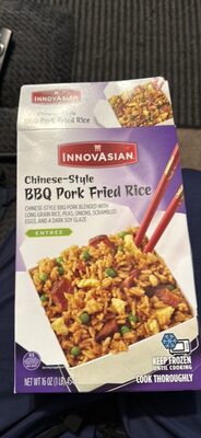Chinese-Style BBQ Pork Fried Rice Chinese-Style BBQ Pork Blended With Long Grain Rice, Peas, Onions, Scrambled Eggs, And A Dark Soy Glaze Entree, Chinese-Style BBQ Pork Fried Rice