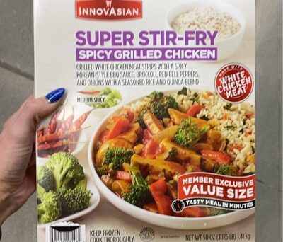 Super Stir-Fry Spicy Grilled Chicken Grilled White Chicken Meat Strips With A Spicy Korean-Style BBQ Sauce, Broccoli, Red Bell Peppers, And Onions With A Seasoned Rice And Quinoa Blend, Super Stir-Fry Spicy Grilled Chicken