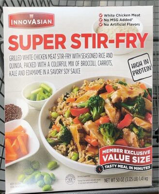 Super Stir-Fry Grilled White Chicken Meat Stir-Fry With Seasoned Rice And Quinoa, Packed With A Colorful Mix Of Broccoli, Carrots, Kale And Edamame In A Savory Soy Sauce., Super Stir-Fry