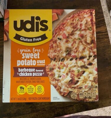 Grain Free Barbeque Flavored Chicken Pizza Mozzarella, Smoked Gouda, White Meat Chicken, Tangy BBQ Sauce Sweet Potato Crust, Barbeque