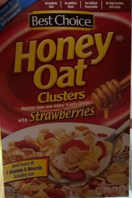 Honey Oat Clusters With Strawberries Frosted Corn & Wheat Flakes Cereal With Granola Clusters & Strawberries, Honey Oat Clusters With Strawberries