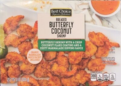 Breaded Butterfly Coconut Shrimp With A Crisp Coconut Flake Coating And A Zesty Marmalade Dipping Sauce, Breaded Butterfly Coconut