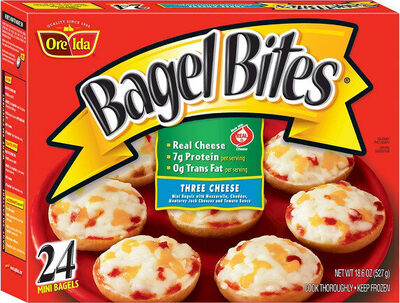 Three Cheese Mini Bagels With Mozzarella, Cheddar, Monterey Jack Cheeses And Tomato Sauce Pizza Snacks, Three Cheese