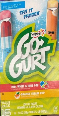 Go-Gurt Red White & Blue Pop and Orange Cream Pop Low Fat Yogurt 16 Count
