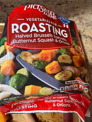 Halved Brussels Sproutes, Butternut Squash & Onions Vegetables For Roasting