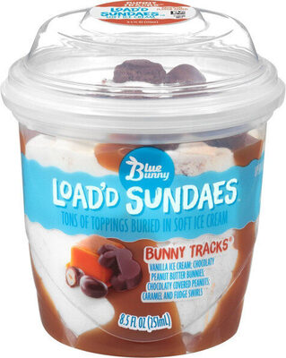 Bunny Tracks Vanilla Frozen Dairy Dessert; Caramel And Fudge Swirls; Chocolaty Covered Peanuts; Chocolaty Peanut Butter Bunnies Load'D Sundaes, Bunny Tracks