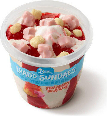 Strawberry Shortcake Strawberry Flavored Frozen Dairy Dessert; Strawberry Swirls; Strawberries; Shortcake Pieces; Candy Coated Strawberry Bunnies Load'D Sundaes, Strawberry Shortcake