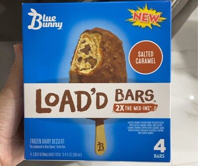 Salted Caramel Frozen Dairy Dessert Filled With Salted Caramel Swirls And Salted Caramel Bunnies Topped With Caramel Sauce Dipped In Milk Chocolate Flavored Coating And Cookie Crunch Load'D Bars, Salted Caramel Frozen Dairy Dessert Filled With Salted Cara