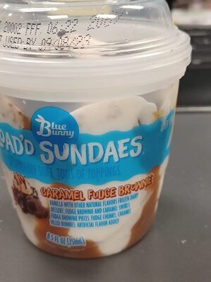 Caramel Fudge Brownie Vanilla Frozen Dairy Dessert; Fudge Brownie And Caramel Swirls; Fudge Brownie Pieces; Fudge Chunks; Caramel Filled Bunnies Load'D Sundaes, Caramel Fudge Brownie