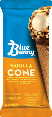 Creamy Vanilla Flavored Reduced Fat Ice Cream In A Sugar Cone Dipped In Chocolate Flavored Coating Topped With Peanuts Cone, Creamy Vanilla