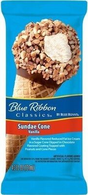 Vanilla Sundae Vanilla Frozen Dairy Dessert In A Sugar Cone Dipped In Chocolate Flavored Coating Topped With Peanuts And Cone Pieces, Vanilla Sundae