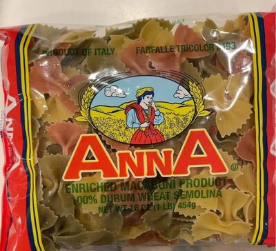 100% Durum Wheat Semolina Enriched Macaroni Product, Penne Rigate Tricolor #141