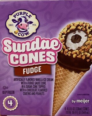 Fudge Vanilla Sundae Ice Cream Cones With A Fudge Sauce Core In A Sugar Cone Topped With A Chocolate Flavored Coating And Peanuts, Fudge