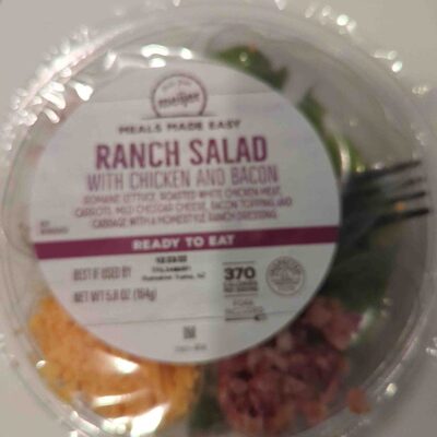 Ranch Salad With Chicken And Bacon Romaine Lettuce, Roasted White Chicken Meat, Carrots, Mild Cheddar Cheese, Bacon Topping And Cabbage With A Homestyle Ranch Dressing, Ranch With Chicken And Bacon