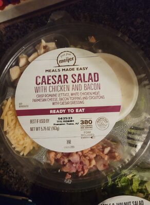 Caesar Salad With Chicken And Bacon Crisp Romaine Lettuce, White Chicken Meat, Parmesan Cheese, Bacon Topping And Croutons With Caesar Dressing, Caesar With Chicken And Bacon