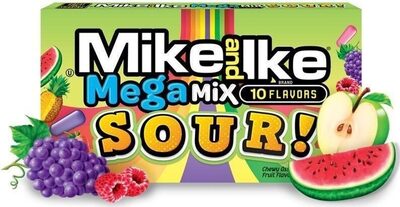 Mega Mix Sour! Sour Zappin' Apple, Sour Slammin' Strawberry, Sour Screamin' Cherry, Sour Juicy Lemon, Sour Green Limeade, Sour Pucker Punch, Sour Power Pineapple, Sour Watermelon Wipeout, Sour Grape Soda, Sour Shockin' Raspberry Chewy Assorted Sour Fruit 