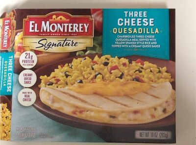 Charbroiled Three-Cheese Quesadilla Meal Served With Yellow Spanish Style Rice And Topped With A Creamy Queso Sauce, Three Cheese
