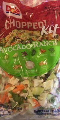 Avocado Ranch Green Leaf Lettuce, Green Cabbage, Red Cabbage, Kale, Carrots, Green Onions, Cheddar Cheese, Creamy Avocado Ranch Dressing, Crispy Corn Chopped Kit, Avocado Ranch
